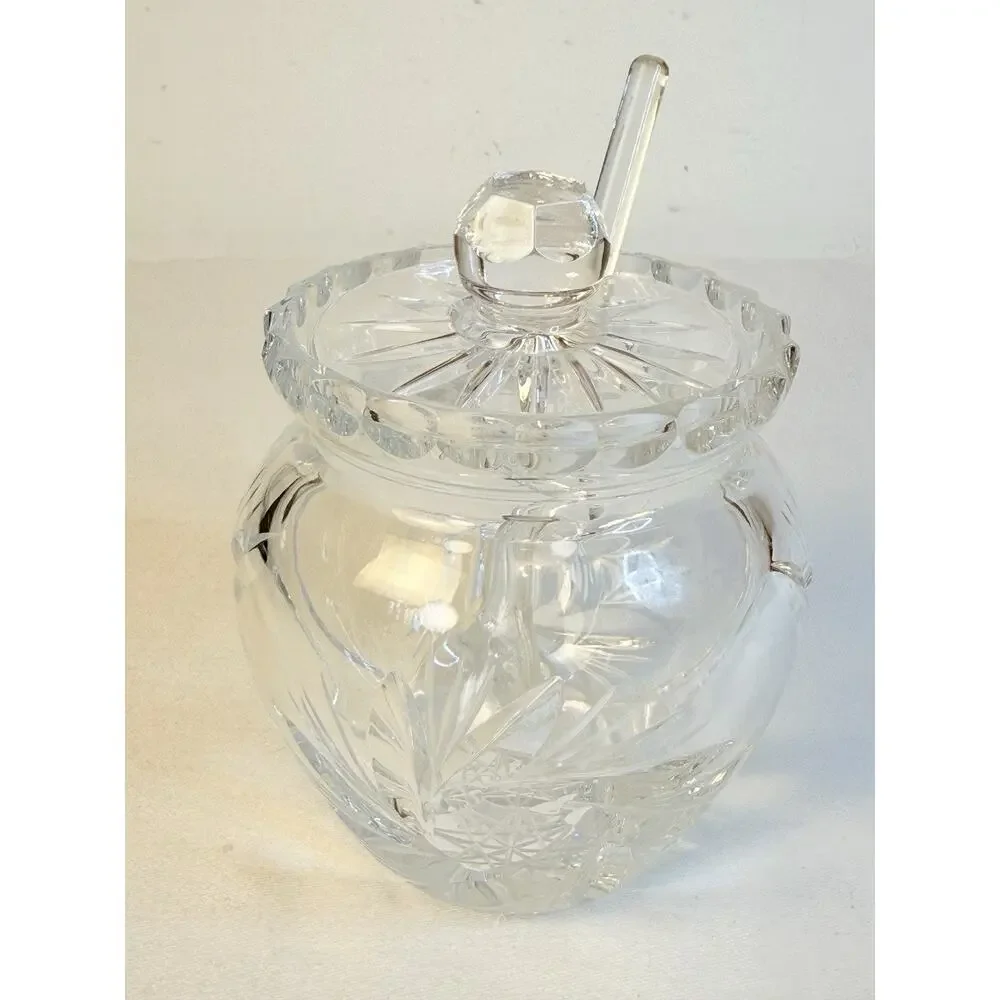 Vtg Cut Crystal Jam, Honey Jar W/ Glass Spoon Scalloped Lid